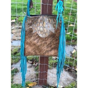 Turquoise Tooled Leather Cowhide Belt Strap Bag